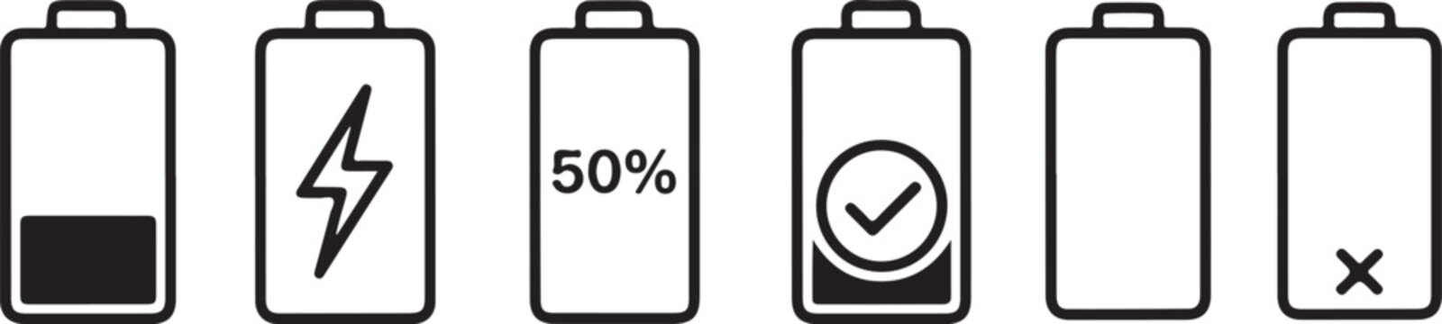 Battery level indicators with charging symbol and checkmark charge icon