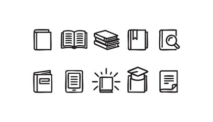 Books and education icons set — outline vector, closed book, stack, bookmark, search, notebook, ebook, grad cap, document, minimal line pack