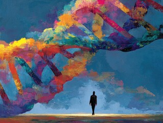 Figure beneath colorful DNA strand in abstract painted landscape