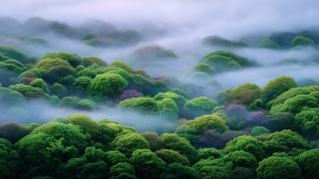 Lush green forest canopy with rolling mist and soft purple undergrowth creating serene early morning atmosphere