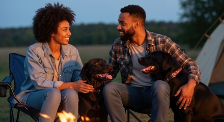 Happy African American couple camping with their dogs by a campfire. Young man and woman relaxing outdoors in the evening. Outdoor adventure and relationship concept