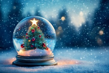 Glowing glass globe containing a decorated holiday evergreen tree rests on snowy ground outdoors