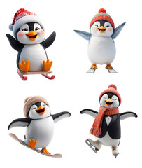 Fototapeta premium A cheerful playful cartoon penguin in a hat on skates and a sled in a funny pose
