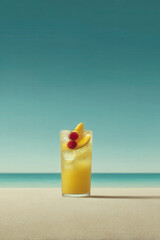 refreshing cocktail with bright fruits and ice in fullsized glass rests on clean soft pastel background