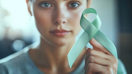 Multiracial woman holds delicate green ribbon floating softly in bright natural light, symbol of compassion and mental health awareness
