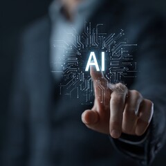 Businessman Engaging with AI Technology in Modern Office Environment