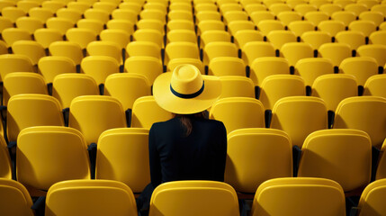 Fototapeta premium Elegant woman in wide brim hat sits alone amidst vibrant yellow stadium seats, anticipating an event with quiet anticipation