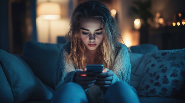 Teenage girl sitting on sofa at home holding smartphone with focused face, symbol of gadget dependence and distraction