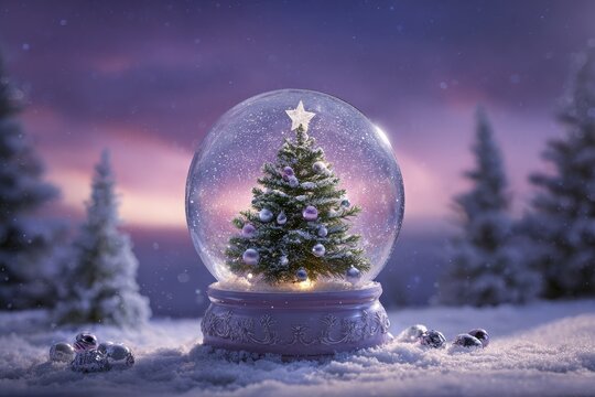 Illuminated miniature evergreen sits within a sparkling glass orb surrounded by a snowy landscape at dusk
