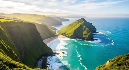 Dramatic coastal cliffs overlooking turquoise ocean waves
