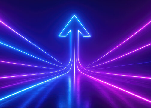 Neon Blue Arrow Ascending Through Streaks of Blue and Pink Light