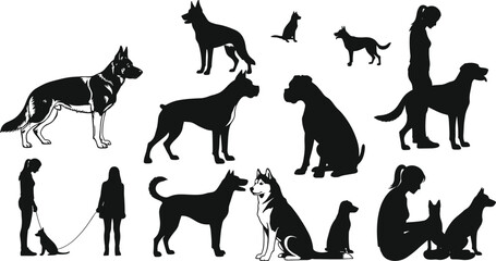 WebDog and owner silhouette collection vector illustration, pet walking and training design, human and dog relationship art, black animal shapes isolated graphics