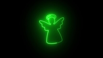 Angel icon neon glowing animation on black background , HD video 