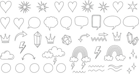 Fototapeta premium Outlined Hearts Stars Speech Bubbles Crowns Rainbows on Transparent Background