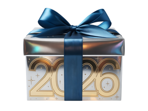 Elegant silver gift box tied with a deep blue satin ribbon and bow containing the year 2020 in gold numbers isolated on transparent background