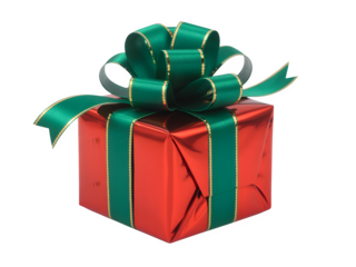 Festive red gift box with a large green ribbon and bow isolated on transparent background