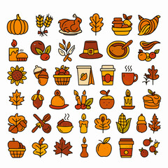 Thanksgiving holiday Icons set as autumn, food, drink, season fall celebration, Pilgrims, decoration, farming, leaves, nature, produce and Other Elements. Web, print, card, poster, tag, banner concept