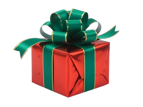 Festive red gift box with a large green ribbon and bow isolated on transparent background