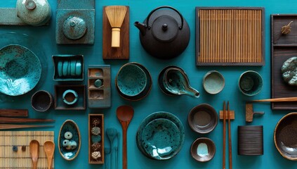 Teal-toned teaware and utensils arranged on a teal surface