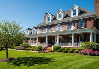 Fototapeta premium Beautiful brick house with a large porch and manicured lawn on a sunny day