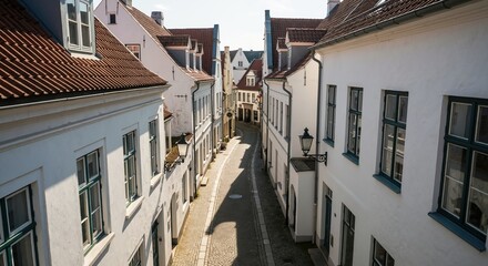 High angle view of a narrow cobblestone street in a historic old town. Traditional European architecture with white houses and red tiled roofs. Empty city alley on a sunny day