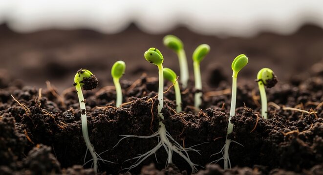 Young green seedlings sprouting from rich soil. Macro view of plant germination and root growth. New life and agriculture concept - Powered by Adobe
