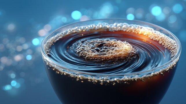 Golden bubbles swirling in a dark beverage glass against a vibrant blue bokeh