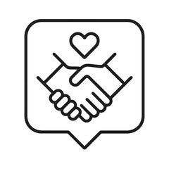 Minimalist partnership handshake icon in a square location marker, black outline vector for donation, teamwork, and humanitarian support design.