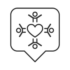 Thin line heart and people circle icon inside square pin, black vector symbol representing community, solidarity, and collective charity.