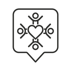 Minimalist unity group icon in a square location marker, black outline vector for humanitarian help, teamwork, and volunteer design.