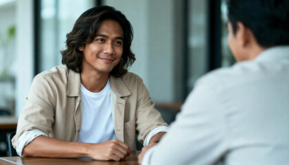 Handsome young Asian man smiling during a conversation with a work colleague. Positive business meeting or job interview in a modern office