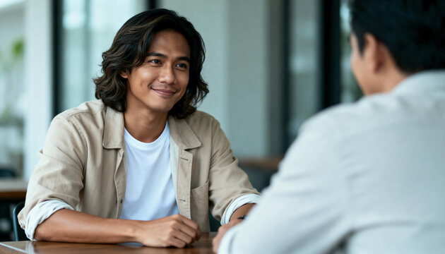 Handsome young Asian man smiling during a conversation with a work colleague. Positive business meeting or job interview in a modern office