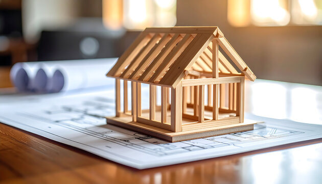 Wooden house frame model on architectural blueprints in warm sunlight symbolizing planning and residential construction