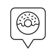 Minimalist donut icon in a square location marker, black outline vector for cafes, fast food, and confectionery menus.