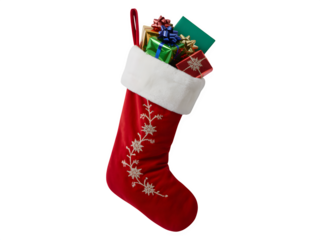 A red christmas stocking decorated with white floral embroidery filled with colorful wrapped gifts isolated on transparent background