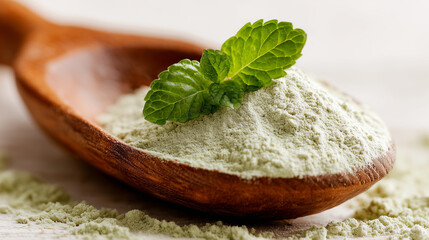 Mint Leaf on a Scoop of Dental Powder for Fresh Breath