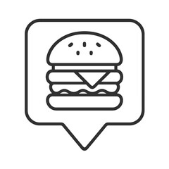 Thin line hamburger icon inside square pin, black vector symbol representing fast food, snack, and restaurant meal design.