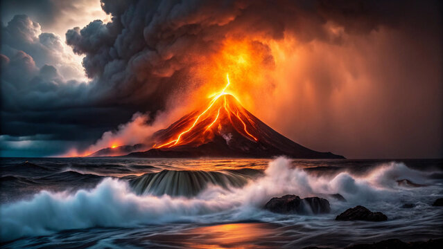 Volcanic eruption with lava flows into stormy ocean and ash clouds volcano magma Background - Powered by Adobe