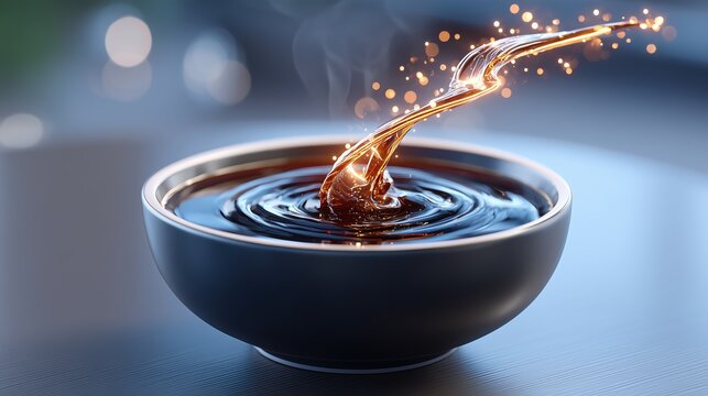 Dynamic golden liquid stream pouring into a dark bowl, creating ripples and sparkling light