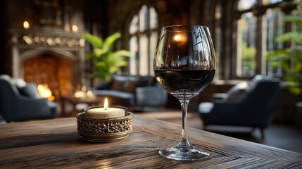 Fototapeta premium Elegant evening with wine and candlelight in a cozy, upscale interior