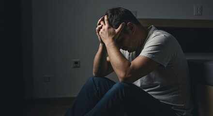 Obraz premium Sad and depressed man sitting alone in a dark room. Young adult suffering from anxiety and stress with his head in his hands. Mental health and emotional pain concept