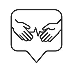 Minimalist reaching hands icon in a square location marker, black outline vector representing teamwork, integration, and social collaboration.