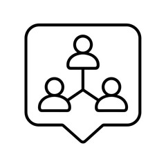 Thin line team network icon inside square pin, black vector representing collaboration, communication, and professional connectivity.