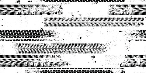 Tire track seamless pattern. Grange tread marks .Grunge textured vector car tread . Car trails endless pattern texture. Tyre track seamless texture. Wheel tire tread track background