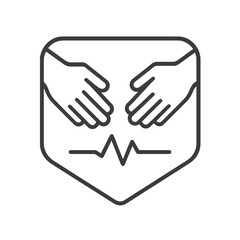 Thin line handshake concept icon inside square pin, black vector symbol for human connection, cooperation, and collaborative partnership.