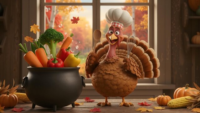 3D Funny Thanksgiving Turkey Cooking Vegetables with Humor