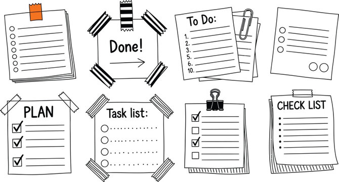 Paper Notes with Task List, Done Label and Checklists on Transparent Background