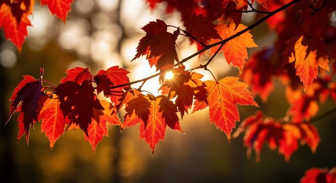 Vibrant red maple leaves backlit by the golden hour sun. Close-up of autumn foliage on a tree branch. Fall season nature background - Powered by Adobe