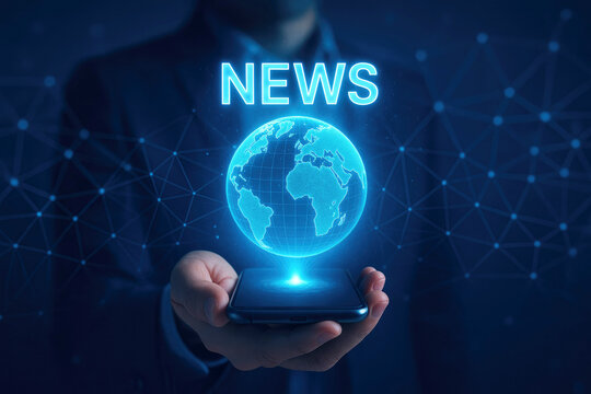 Person holding smartphone displaying a glowing globe and the word NEWS news information