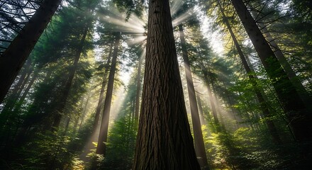 Sunbeams filter through ancient redwood forest canopy